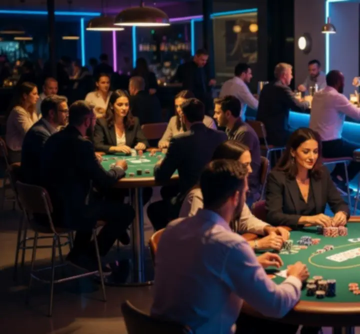 Gracze przy stole pokerowym w nowoczesnym barze KivoLive