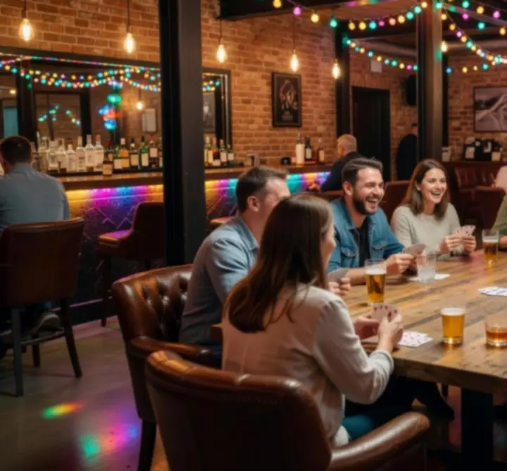 Nowoczesny bar KivoLive z graczem trzymającym karty pokerowe przy oświetlonym stole