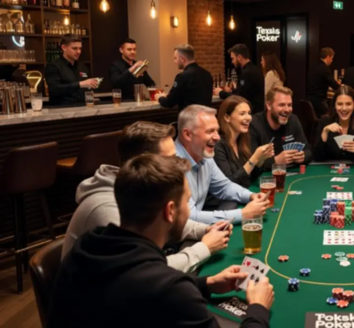 Stół pokerowy w nowoczesnym barze KivoLive podczas turnieju